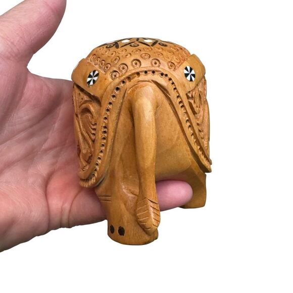 Hand Carved Wooden Elephant Intricate Details Smaller Elephant on Side - Picture 6 of 9